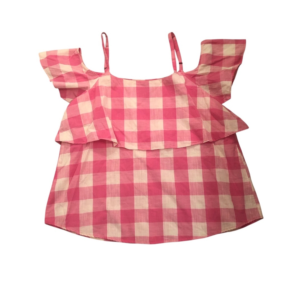 Pink Check Cold Shoulder Ruffle Top Size S Cottagecore Preppy
